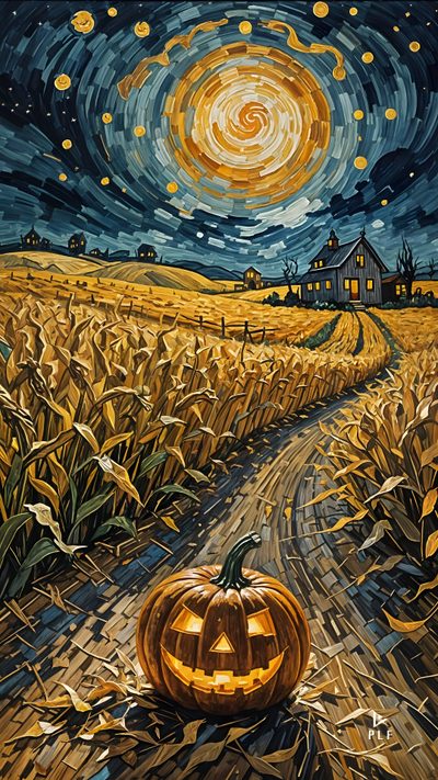 a painting of a pumpkin in the middle of a cornfield with a full moon and stars above it Van Gogh Halloween Van Gogh, Fall Painting, Van Gogh Starry Night Halloween, Halloween, dark olive green