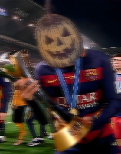 a group of people standing on top of a soccer field wearing pumpkin costumes and holding trophies Football Halloween Psg Neymar, Halloween, dark slate gray