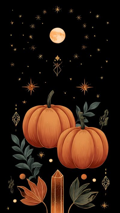 two orange pumpkins sitting on top of a wooden table next to leaves and stars Black And Gold And Orange Halloween Pattern,