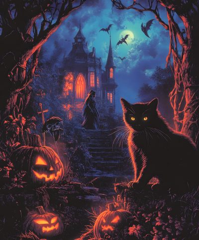 a black cat sitting on top of a pile of pumpkins in front of a castle Vintage Halloween- Bobcats Castle Spooky Halloween Night Art, Vintage Black Cat Halloween, Spooky Halloween Night, dark slate gray