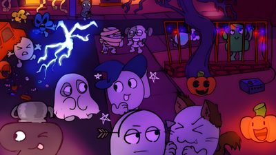 an animated image of some people in the dark with pumpkins and bats on them Bfdi Halloween Bfdi Halloween, Bfdi Halloween Pfp, Bfdi Donut X Gelatin, Bfdi Banner, indigo