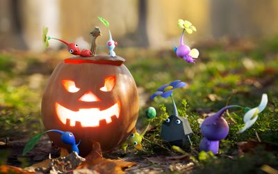 an illuminated pumpkin sitting in the grass surrounded by small toy figurines Pikmin Halloween Pikmin Pumpkin Carving, Pikmin Halloween Costume, Halloween Pikmin, dark olive green