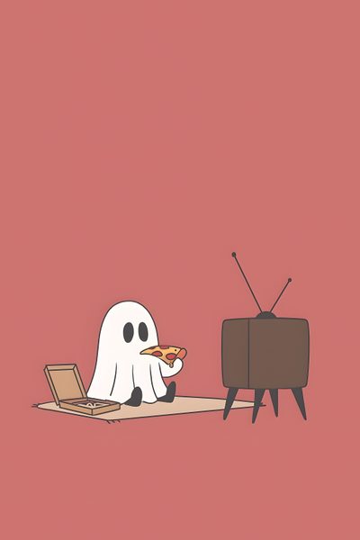 a ghost eating pizza in front of a tv Funny Halloween Aesthetic Pizza Ghost Drawing On Green Background, Ghost Funny, Cute Cartoon Ghost Background, indian red