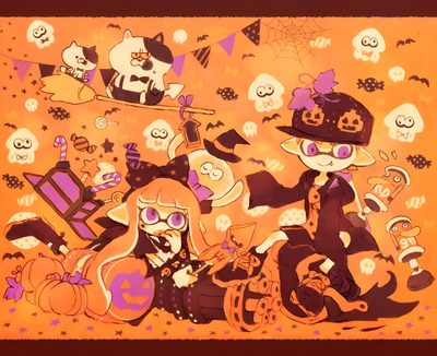 an image of a halloween scene with cats and witches Splatoon Halloween Callie And Marie, Fandom Memes, Game Pictures, Splatoon, Pretty Art, Cute Art, coral