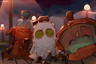 two cartoon characters standing next to each other in front of a street light at night Bfdi Halloween Fanart Fanart Bottle Bfdi, Liam And Bryce, Wcherriu Brush, Airy X Liam, saddle brown