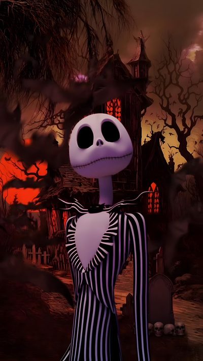 a cartoon skeleton dressed in black and white striped clothes standing next to a graveyard with spooky trees Happy Halloween Jack Skellington Jack Skeleton, Gif Halloween, Halloween Jack Skellington, black