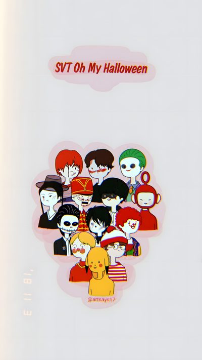 an image of a group of people with halloween stickers on the back of them Seventeen Halloween Svt Fanart, Seventeen Halloween, Seventeen Fanart, Cartoon Seventeen, gainsboro