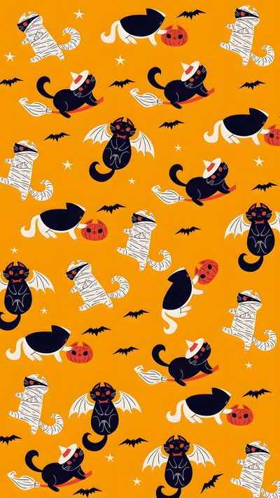 an orange background with black cats and bats Halloween Cats Bats Owls Spiders Sm Halloween Cat Background Aesthetic, Halloween Cat Background, Cute Halloween Cat Background, dark orange