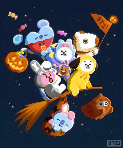 a bunch of stuffed animals are hanging on a tree branch with bats and pumpkins Bt21 Halloween Bt21 Pumpkin Painting, Bt21 Fall, Bt21 Thanksgiving, Koya And Shooky Bt21, midnight blue