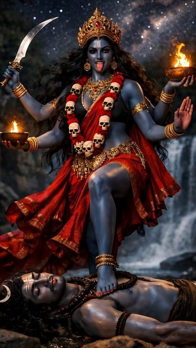 the hindu goddess is holding two torches in her hand Halloween Kali 2 Kali Tattoo, Kali Picture, Female Warrior Illustration, Kali Hindu, dark slate gray