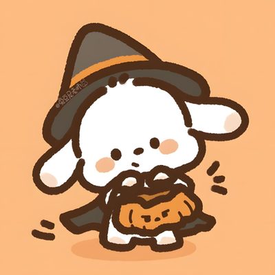 an animal with a pumpkin in its hand and a hat on it's head Pochacco Halloween Cute Halloween Drawings, Cute Halloween Pictures, Halloween Cute, burlywood