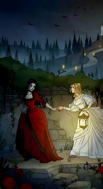 two women dressed in white and red are holding hands as they walk through the woods at night Sapphic Halloween Lesbian Demon, Sapphic Vampires, Lesbian Medieval, Vampire Wife, dark slate gray