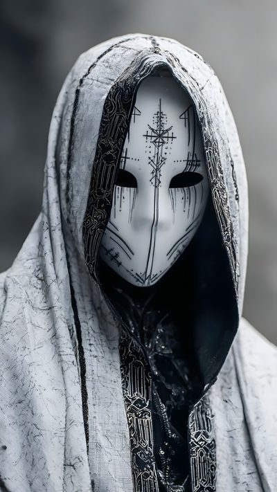 a person wearing a white mask with black and silver designs on it's face Halloween Mask Cool Masks, Manifesti Grafici, Fantasy Art Warrior, Masks Art, Beautiful Dark Art, gray