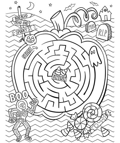 an apple maze is shown in this coloring page Halloween Maze Otomi Embroidery Playmat Fun Halloween Coloring Activity, Halloween Maze Coloring Page, Halloween Party Game Ideas, white