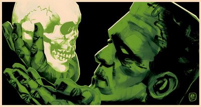 an image of two people that are looking at each other's skull face expressions Frankenstein Halloween Frankenstein Imagery, Frankenstein Poster Drawing, Frankenstein Background Image, dark olive green