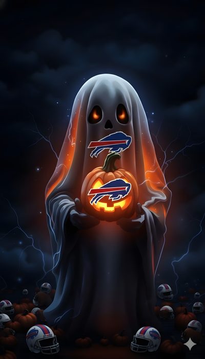 a ghost holding a pumpkin with the buffalo bills on it's face and glowing eyes Buffalo Bills Halloween Buffalo Bills, Halloween, Buffalo, black