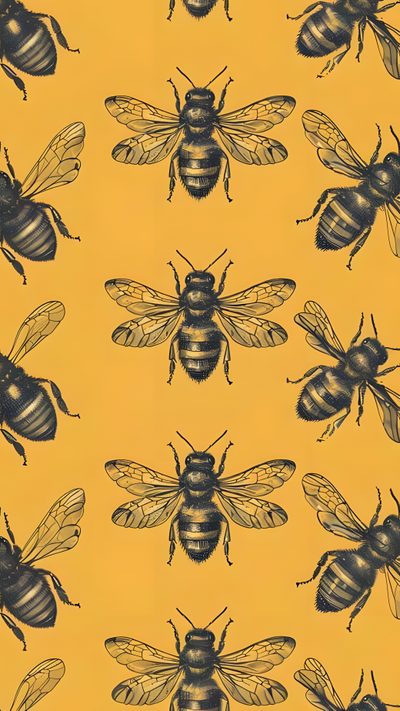 bees on yellow background with black and white images in the middle, all facing different directions Halloween Bees Accent Ideas Bee Iphone, Honeybee, Bee Aesthetic Vintage, Honey Bee Aesthetic, sandy brown