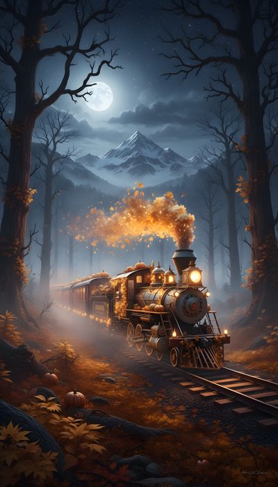 a painting of a train traveling through a forest at night with the moon in the background Halloween Train Christmas Train, Transportation, Train, Winter, dark slate gray