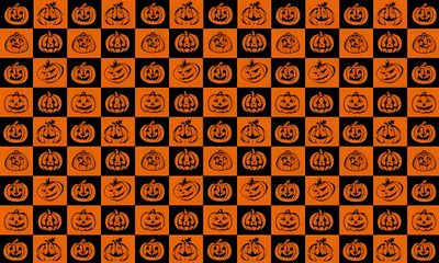 an orange and black checkered background with jack o lantern pumpkins on the side Halloween Squares Custom Halloween 67 Background, Halloween, saddle brown