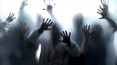 several people with their hands up in front of a glass window, while the image is blurry Halloween Zombie Zombie Themed, Apocalypse Aesthetic Pc, Zombies 4k, Horror Pc Backgrounds, dark slate gray