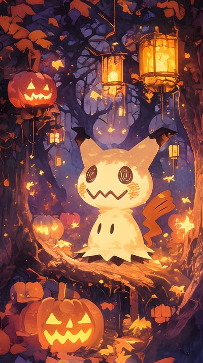 a painting of a cat sitting in the middle of a forest surrounded by pumpkins Pokemon Halloween Iphone Pokémon Halloween, Halloween Pokémon, Halloween Pokemon, saddle brown