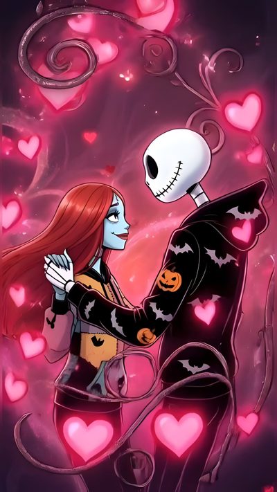 a skeleton hugging a woman with hearts in the background Halloween Jack And Sally Jack Skeleton And Sally, Jack Skeleton, Jack And Sally, Eternal Love, brown