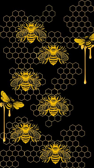 bees on honeycombs in yellow and black, against a dark background with honey dripping from the top Halloween Bees Accent Ideas Honeycomb Bee, Bee On Black Background, Bee Hive Background Aesthetic,