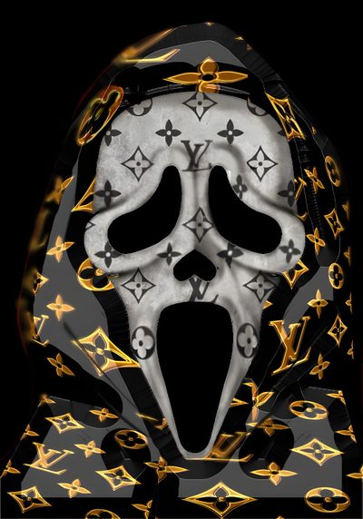 an image of a mask with gold and black designs on the face, in front of a black background Louis Vuitton Halloween Iphone Ghost Face With Money, Gucci Ghost Aesthetic, Money Gucci, Gucci Ghost, black