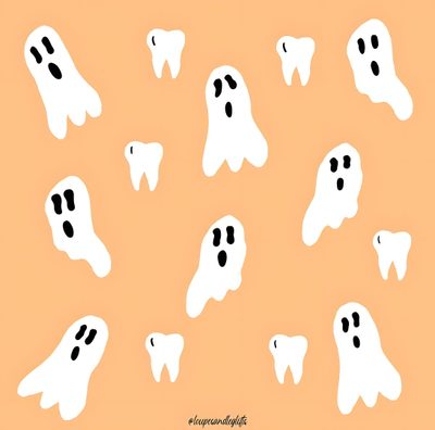 a group of white ghost faces with black dots on them Dental Halloween Desktop Snoopy, Spooky Teeth, Cute Dental Backgrounds, burlywood