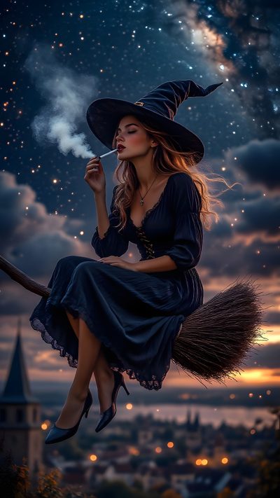 a woman in a witch costume sitting on a broom with her hand up to her mouth Beautiful Halloween Witch Witch Artwork, Witch Halloween, Witches, Good Witch, Witch Woman, dark slate gray
