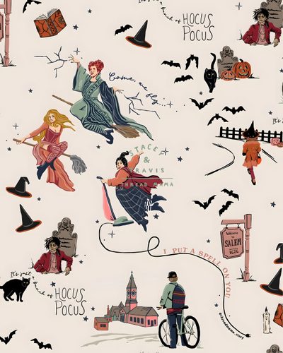 this is an illustration of people dressed up in halloween costumes and witches flying over the town Hocus Pocus Halloween Hocos Pocos, Hocus Pocus House, Hocus Pocus Book, Mary Skirt Hocus Pocus, antique white