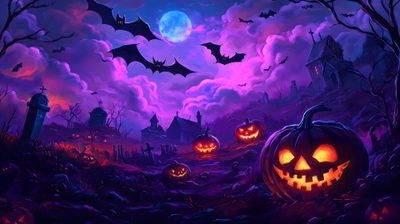 halloween pumpkins on the ground with bats flying in the sky above them at night 4k Halloween Halloween For Pc, Halloween Pc, Pc Halloween, Desktop Halloween, midnight blue