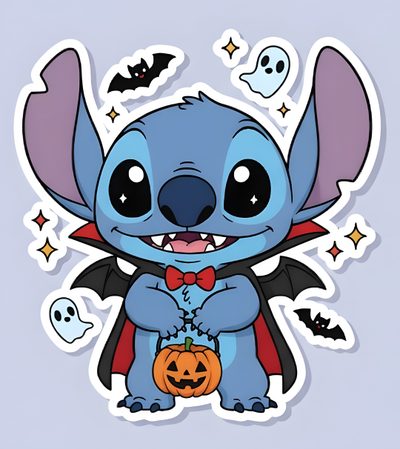 a blue sticker with a cartoon character holding a jack - o'- lantern Kawaii Kawaii Cute Stitch Halloween Vampire Stitch, Kawaii Kawaii Stitch Halloween, Halloween Stitch Tattoo, light gray
