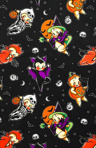 an image of halloween themed fabric with cats and pumpkins on black, featuring skeletons Kewpie Halloween Kewpie Halloween, Spooky Babe, Miss Fluff Halloween, Gothabilly, black