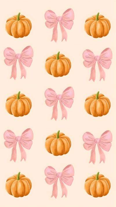a painting of pumpkins with pink bows and bows on the front, in pastel colors Preppy Bow Halloween Cute Thanksgiving Aesthetic, Cozy Thanksgiving Aesthetic, Cute Fall Iphone Aesthetic, antique white
