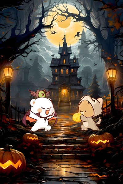 two cartoon characters are playing with pumpkins in front of a creepy house at night Milk And Mocha Halloween Halloween, Cute Halloween Panda, dark slate gray