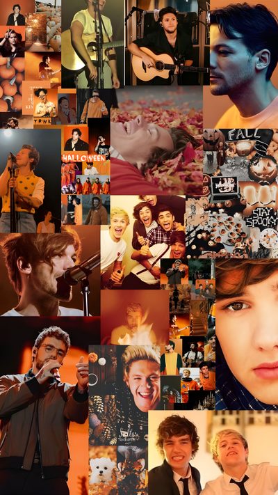 a collage of photos with people and musical instruments in the middle one man is singing One Direction Halloween One Direction Pumpkin Painting, One Direction Pumpkin Painting Ideas, One Direction Fall Aesthetic, saddle brown