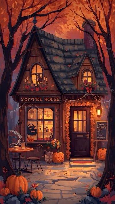 a painting of a coffee house with pumpkins on the ground and trees around it Cozy Halloween Aesthetic Halloween And Autumn, Fall Vibes Cozy, Pumpkin Vibes, Cozy Spooky, saddle brown
