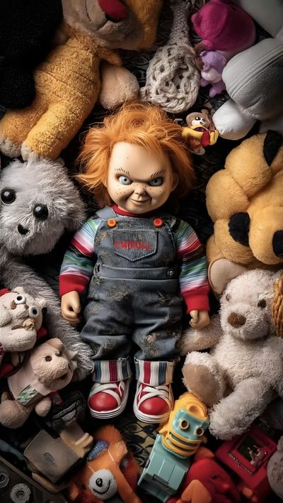 there are many stuffed animals in the pile next to each other, including a doll Chucky Halloween Chucky 4k Iphone, Halloween Iphone Chucky, Chucky Cute, dark olive green