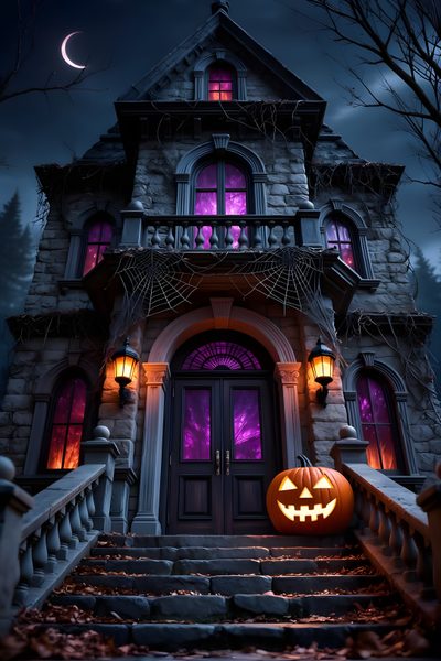a creepy house with a jack - o - lantern on the steps Halloween Mansion Halloween Scary Aesthetic, Halloween Haunted Mansion Background, Halloween Mansion Background, dark slate gray