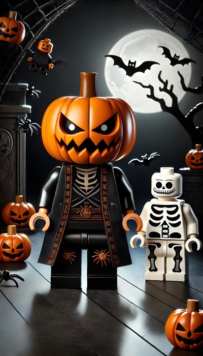 there is a lego halloween scene with pumpkins on the table and skeleton in front Halloween Lego Lego Halloween Clipart, Lego Halloween Png, Lego Halloween People, dark slate gray