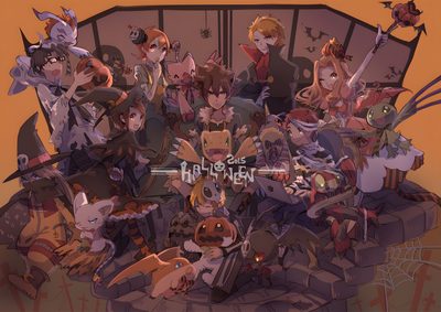 a bunch of people that are standing in front of a table with anime characters on it Digimon Halloween Digimon Christmas, Pokemon And Digimon, Digimon Background, dark olive green