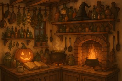 a kitchen with a fireplace and lots of cooking utensils Halloween Kitchen Fall Profile Picture, Fall Artwork Aesthetic, Cozy Halloween Background, maroon