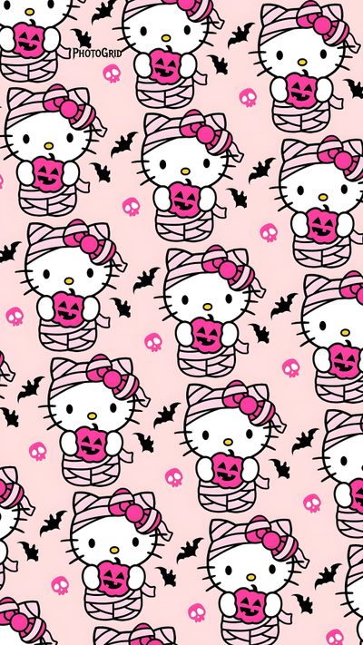 hello kitty halloween wallpaper with pink and black skulls, bats and pumpkins on it Pink Hello Kitty Halloween Hello Kitty Picture, Backgrounds Halloween, Cute Hello Kitty Halloween, misty rose