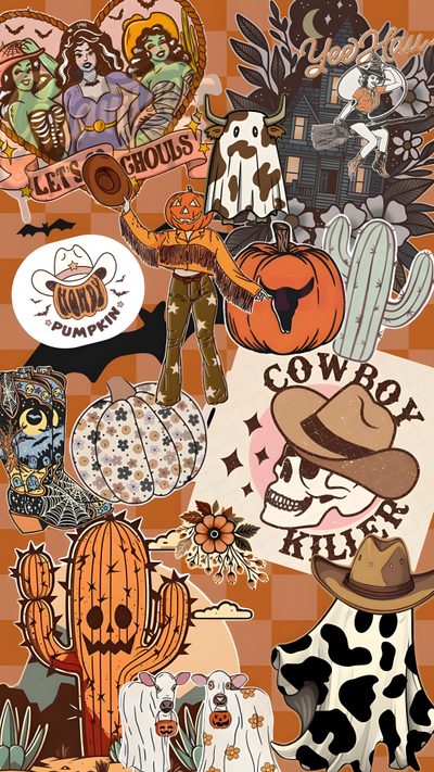a collage of various stickers and decals on a brown checkered background Aesthetic Cute Western Halloween Western Halloween Decor Ideas, Fall Western Background, Fall Western, peru