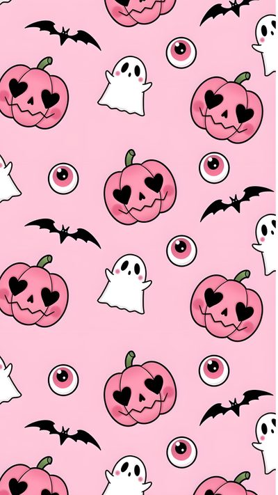 a pink background with lots of halloween pumpkins and ghost faces on it's sides Pink Halloween Ipad Autumn Phone, Iphone Boho, Halloween Paper Crafts, Pretty Halloween, Phone Boho,