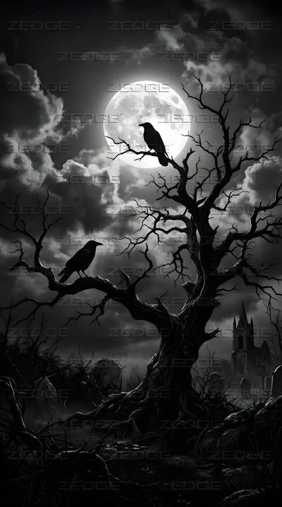 a black and white photo of two crows sitting on a tree in front of a full moon Halloween Crow Dark Custom Graveyard, Iphone Background, Coven, Dark Country Aesthetic, Drawings, black