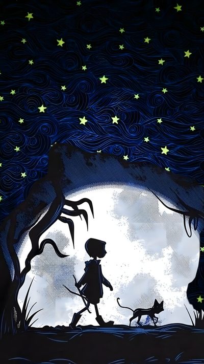 the silhouette of a person walking with a dog in front of a full moon and stars Halloween Iphone Coraline Coraline And Wybie, Coraline Art, Coraline Movie, Coraline Aesthetic, black