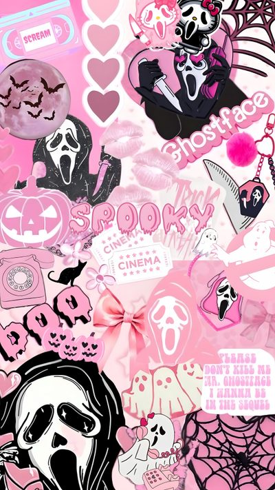 a bunch of stickers that are on top of each other in pink and black Pink Halloween Ghostface Halloween, Iphone Quotes Inspirational, Pink Hello Kitty Iphone,