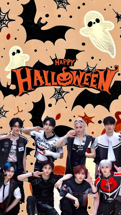 a group of young men standing next to each other in front of a halloween background Stray Kids Halloween Themed Halloween Costumes, Stray Kids Thanksgiving, Stray Kids Halloween, rosy brown